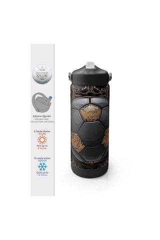 Coral High Futbol Desenli Katlanır Ağızlıklı Çelik Termos 650 Ml 38317 Siyah