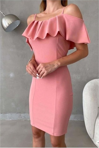 Lior Design Kadın Sade Madonna Yaka Volanlı Abiye Elbise Pudra