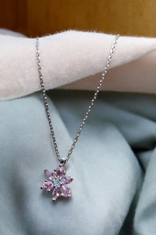 Modagümüşevi 925 Ayar Gümüş Pembe Taşlı Lotus Kolye, Gümüş Kadın Kolye, Lotus Çiçeği Kolye