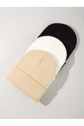 Eke Tekstil Unisex Katlamalı 3'lü Bere Seti Bej - Beyaz - Siyah