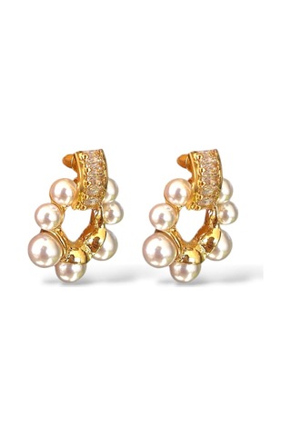 Glowy Aksesuar Çiçek Motif Taşlı İnci Çelik Küpe Gold