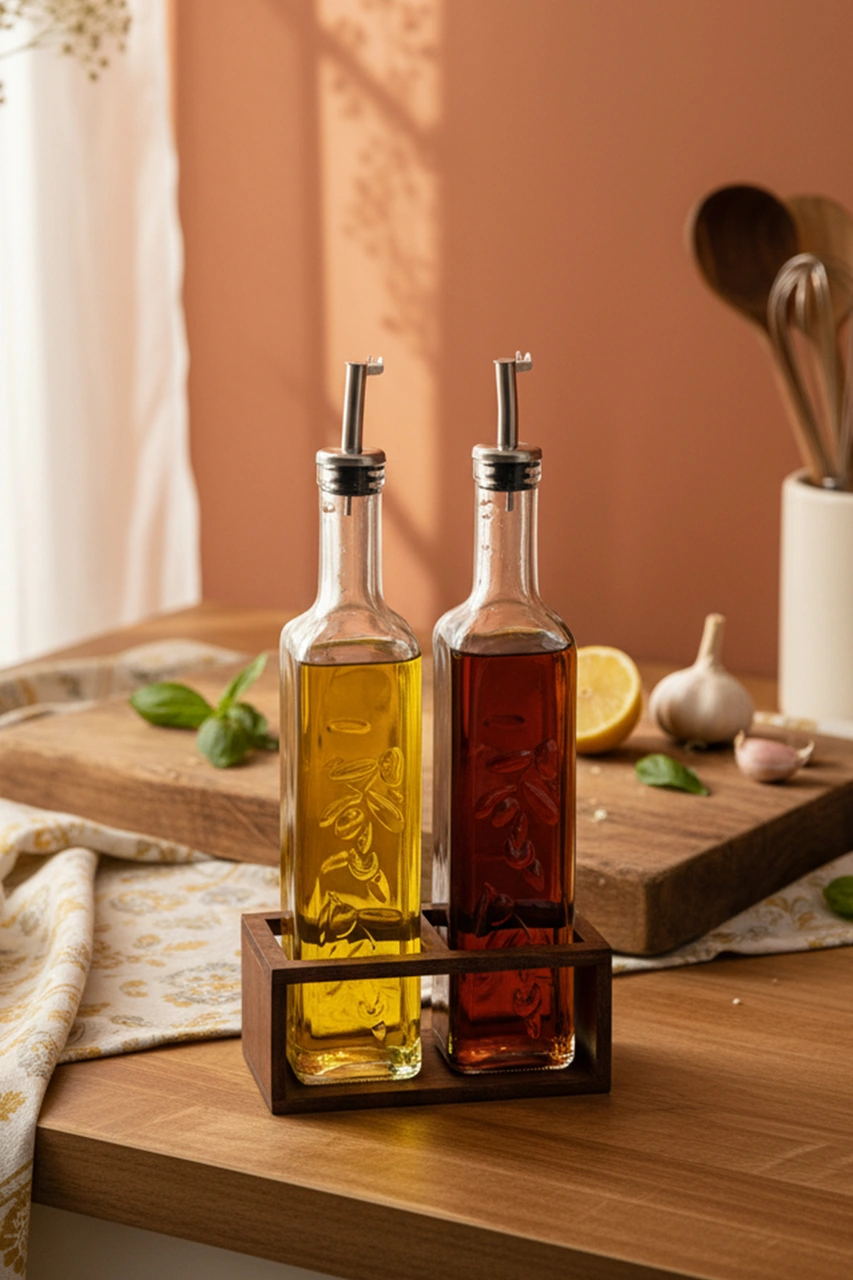 Snippy Olea - 2'li Ahşap Yüksek Standlı Cam Zeytinyağı Şişesi Yağlık Damlatmaz Yağlık Sirkelik 500ml Ahşap