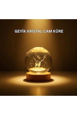 Mey İthalat Usb Bağlantılı Geyik Temalı Kristal Küre Premium Masa Gece Lambası