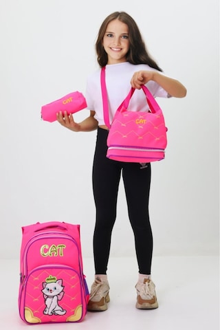Kız Çocuk Cat Temalı 3'li Okul Ve Beslenme Çantası Seti Pembe & Sevimli Kedi Desenli Yeni Sezon Pembe