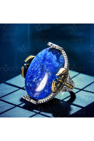 Gümüş Büyük Kasa Lapis Lazuli Taşlı Balta Tasarım Erkek Yüzük Gümüş
