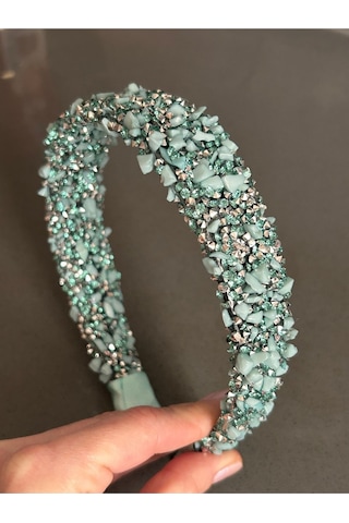 Doğal Taşlı Su Yeşili Kadın Kalın Model Kristal Nişan Mezuniyet Düğün Abiye Taç Yeşil