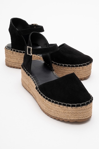 Luvishoes Viba Siyah Süet Hakiki Deri Kadın Hasır Dolgu Taban Sandalet Siyah