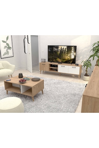 Set 1585-2074-1624 Exxen Ahşap Ayaklı Tv Ünitesi - Orta Sehpa - Konsol Seti Sepet - Beyaz