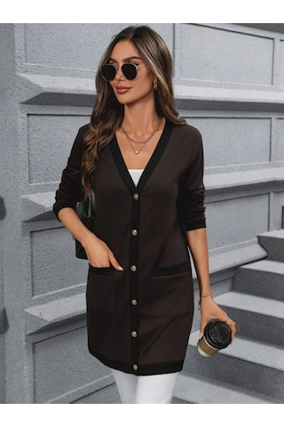 Defymoda Kadın Uzun Kollu Cepli Önden Düğmeli Uzun Modal Ceket Hırka Kahve
