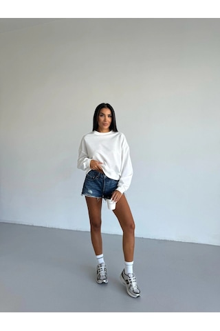 Kadın Beyaz Bisiklet Yaka 2 İplik Sweatshirt Hzl25w-fry123391 Beyaz