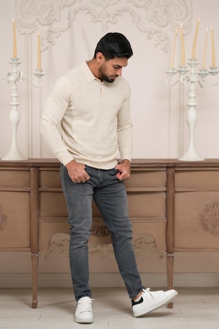 Woolen World Polo Yaka Slimfit Desenli Yünlü Erkek Triko Kazak Krem