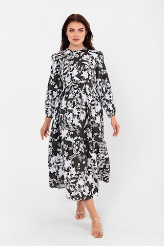 Yaprak Desenli Renkli Pamuklu Yazlık Baharlık Kuşaklı Elbise 2101 Siyah
