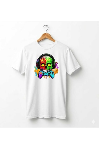 Erkek Kuru Kafa Oyun Konsolu Baskılı Pamuklu T-shirt Beyaz