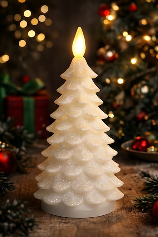 Yılbaşı Dekor Led Mum Parıltılı Wax Mum Led Işıklı Ev Ofis Otel Restoran Dekoratif Yılbaşı Süsü 22cm Beyaz