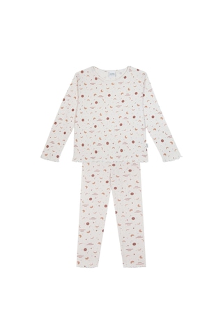 Antebies Organik Beyaz Tatlı Rüyalar Desenli Jakarlı Beli Lastikli Uzun Kollu Kız Çocuk Pijama Takımı