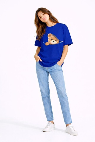 Fermuarlı Ayıcık Baskılı Kadın Tişört Oversize Sevimli Teddy Bear Lacivert
