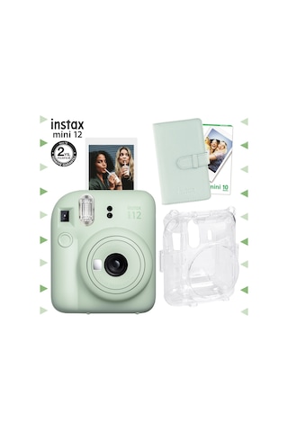 Fujifilm Instax Mini 12 Fotoğraf Makinesi + 10'lu Film + Laporta Albüm + Şeffaf Kılıf Seti Yeşil
