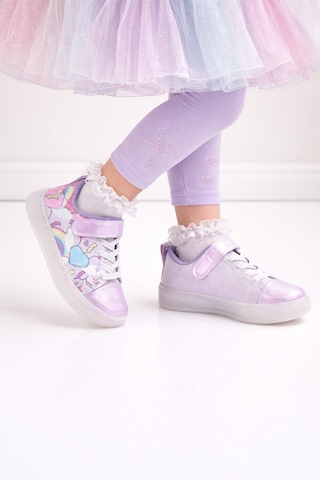 Mini Bonito Kız Çocuk Desenli Işıklı Led Tabanlı Simli Cırt Cırtlı Sneaker Lila