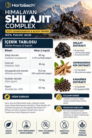Horbäach Himalayan Shilajit Complex Karabiber İçeren 120 Vegan Kapsül