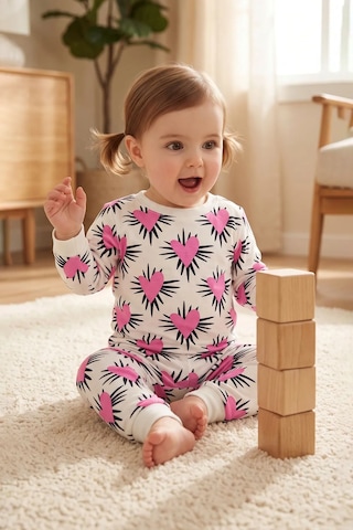Zuzunga Kız Çocuk Pembe Kalp Desenli Uzun Kollu Pijama Takımı Beyaz-pembe