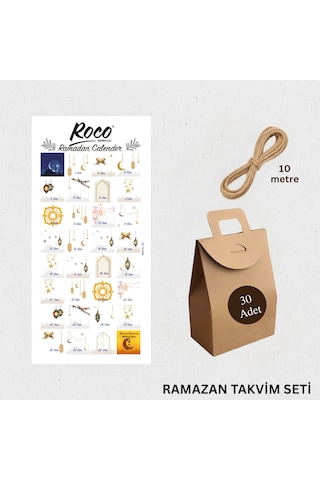 Ramazan Takvim Seti - 30 Günlük Advent Calendar Sticker - 30 Adet Kraft El Geçme Çanta - 10m Jüt İp