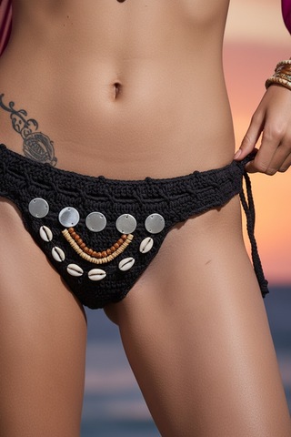 Deniz Kabuğu Tığ Işi Örme Yüksek Bel Yandan Bağlamalı Plaj Sahil Tatil Bikini Alt Siyah