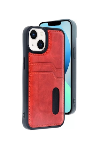 Apple iPhone Uyumlu- 15 Sara Kartvizitli Deri Kılıf - Kırmızı