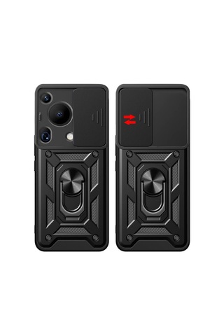 Ennar Huawei Pura 70 Ultra Kılıf Magnetik Standlı Sürgülü Kamera Korumalı 360 Döner Yüzüklü Kapak Siyah