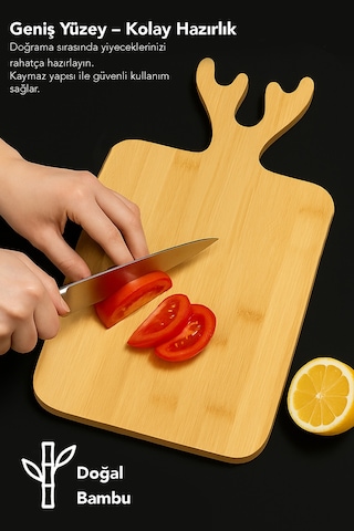 Dikdörtgen Bambu Kesme Tahtası - Geyik Model Servis Sunum Tahtası Sunumluk Kesim Panosu 36x20 Cm Bej
