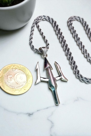 Ak Store Silver Gümüş Kaplama Krom-Çelik Erkek Kolye Madalyon Poseidon Mızrak Gümüş