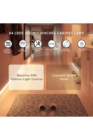 Dianziye 64 Led'li Pır Hareket Sensörlü Dolap Lambası - 3 Renk Tonu, Sürekli Aydınlatma Modu, 1500mah Şarj Edilebilir Batarya, Type-c, Manyetik Taban Gümüş