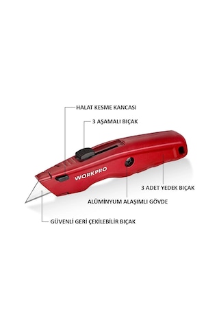 Workpro Wp213017 Ağır Hizmet Alüminyum Gövde Geri Çekilebilir Rötuş Maket Bıçağı + 3 Adet Yedek Bıça