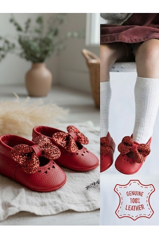 Denokids Kız Bebek Patik Hakiki Deri Taşlı Kırmızı Yumuşak Taban Ayakkabı 17-21 Numara Renkli