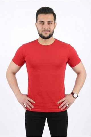 Tarz Yeri Erkek Basic Tişört Bisiklet Yaka Kısa Kol Günlük Yazlık Slim Fit T-shirt - Kırmızı
