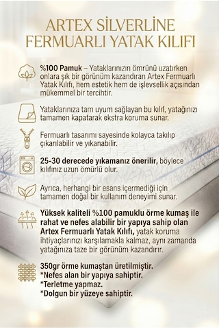 Artex Silverline Fermuarlı Yatak Kılıfı 140x190 Koruyucusu %100 Pamuklu Kılıf Özel Üretim Kapitone Çift Kişilik Çift Kişilik Beyaz