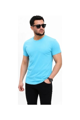 Valensdesign Erkek Basic Tişört Bisiklet Yaka Kısa Kol Günlük Yazlık Slim Fit T-shirt - Açık Mavi