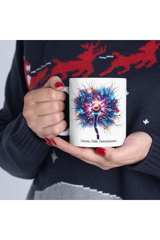 Beyaz Bilim Kupa Bardak - Sinir Hücresi, Dna Ve Kozmos Tasarımlı, Bilim Sever Hediyesi Beyaz