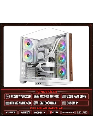 Xaser Wooden X100 R7-7800X3D 32 GB 1 TB M.2 NVMe SSD 16 GB RTX5060 Ti Free Dos Oem Paket Masaüstü Oyuncu Bilgisayarı