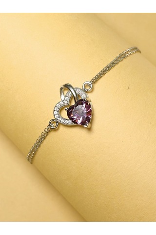 Brezza Lusso Jewelry 925 Ayar Gümüş Ametist Taşlı Çift Kalp Kadın Gümüş Bileklik