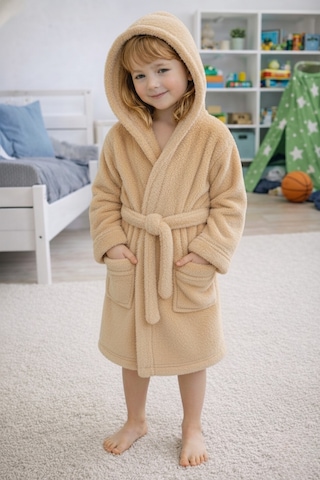 Luna Soft Kız / Erkek Çocuk Kapşonlu Pamuklu Bornoz Peluş Sabahlık 5/6 Yaş Bej