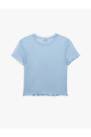 Koton Kısa Kollu Bisiklet Yaka Slim Fit Kedi Baskılı Crop Tişört Mavi 5sal10820ık Mavi