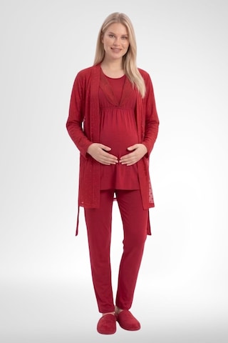 Mecit Pijama Mecit 6406 Kırmızı Dantel Sabahlıklı Lohusa Pijama Takımı