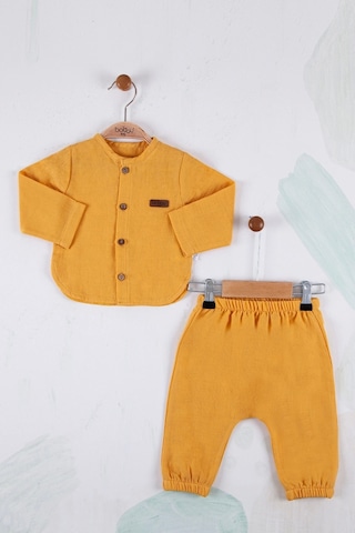 5 Düğmeli Müslin Kumaş Bebek Takımı Sarı