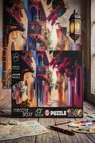 1000 Parçalı Colorful Street Sokak Manzara Tasarımlı Puzzle 48x68cm Eğitici Çocuk Yapboz 1