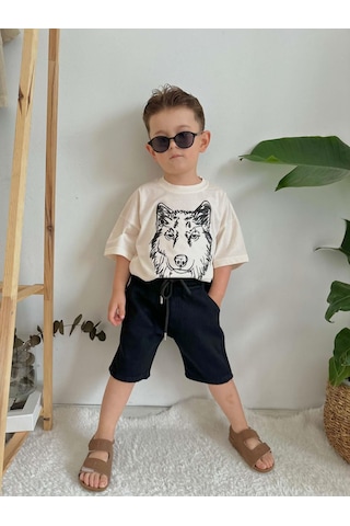 Erkek Çocuk Kurt Modelli Kot Şortlu Pamuk Takım Siyah