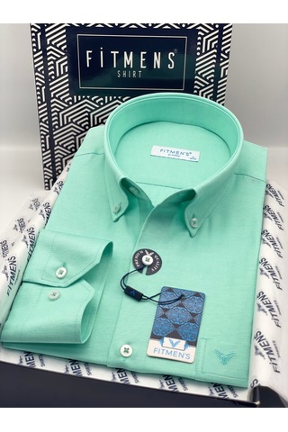Klasik Uzun Kol Pamuklu Yaka Düğmeli Hediye Kutulu Kolay Ütülenebilir Erkek Gömlek Fs-003897 - Koyu Mint-3371