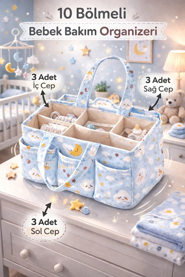 Premium Mavi Bebek Bakım Çantası I Anne Bebek Organizer Çok Bölmeli , Geniş Hacimli 30 X 20 X 21
