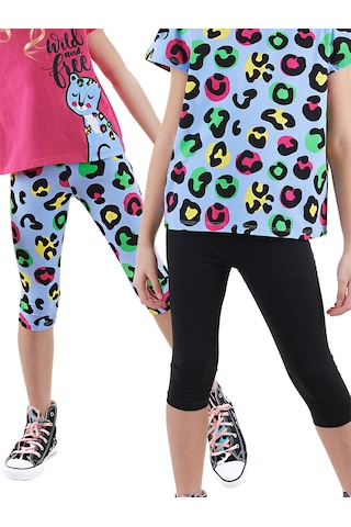 Denokids Kız Çocuk Siyah Leopar 2'li Tayt Renkli Çok Renkli