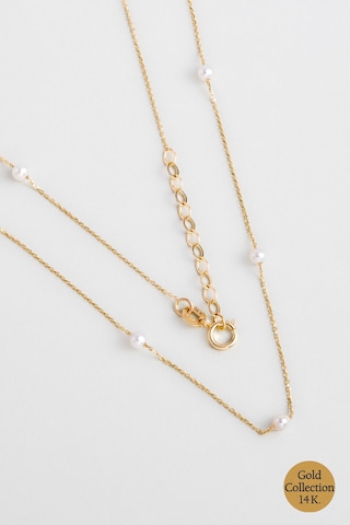 Doğal İnci Taşlı 14 Ayar Sarı Altın Kolye Sarı - Beyaz