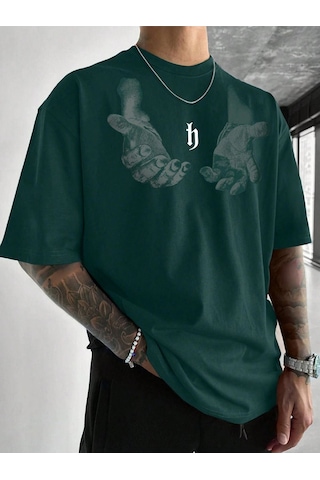 Erkek El Baskı Oversize Nefti Yeşil Baskılı T-shirt - Bisiklet Yaka Kısa Kol Rahat Kalıp Tişört Nefti Yeşil
